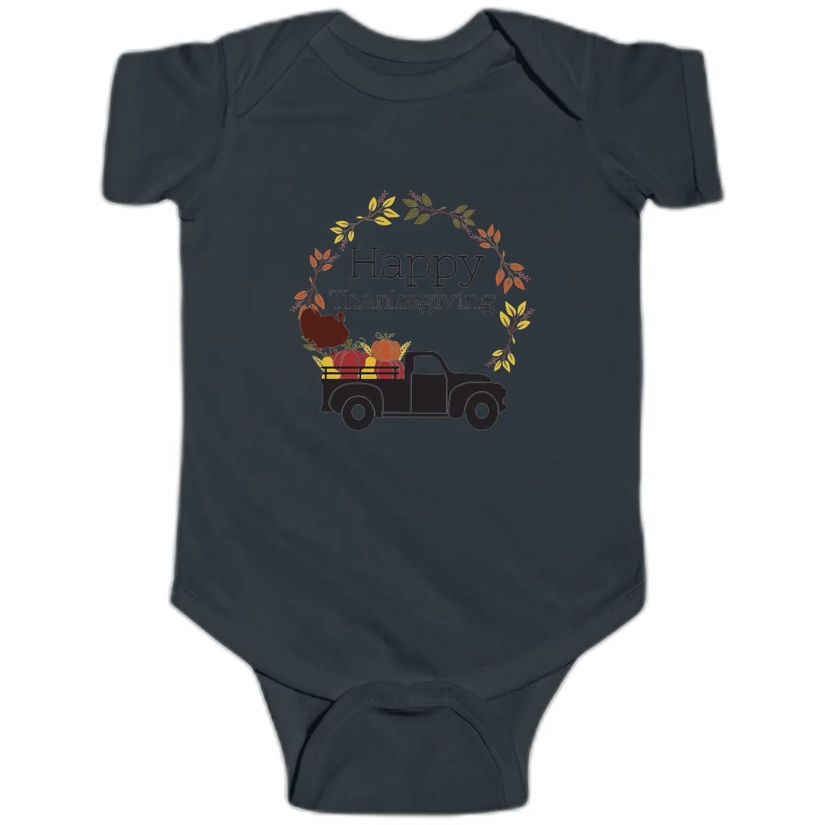Happy Thanksgiving Vintage Truck Wreath Baby Onesie in Black
