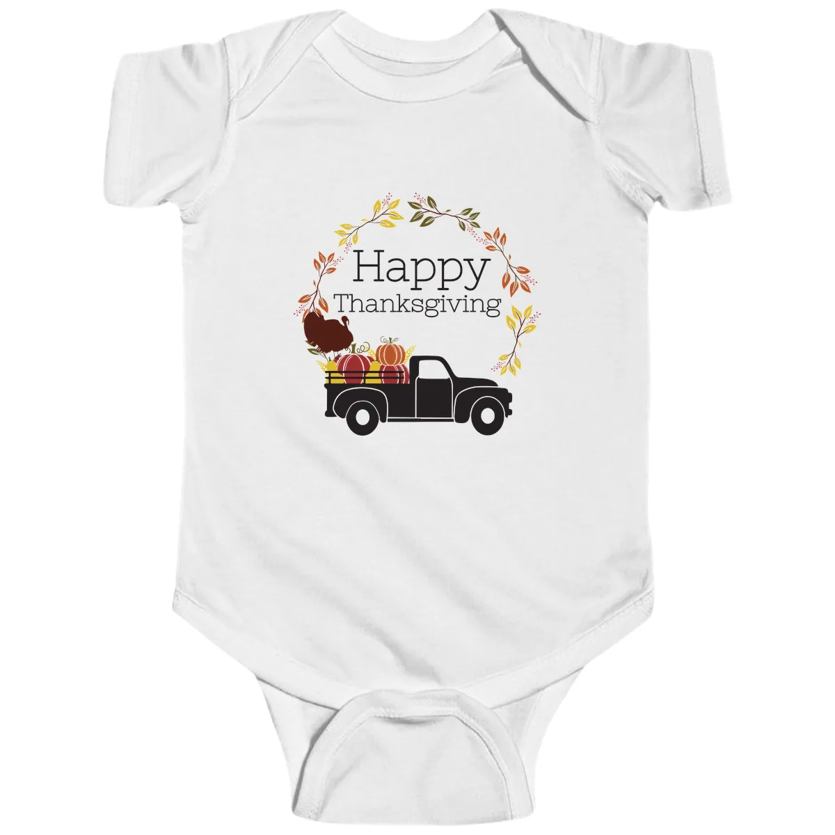 Happy Thanksgiving Vintage Truck Wreath Baby Onesie in White