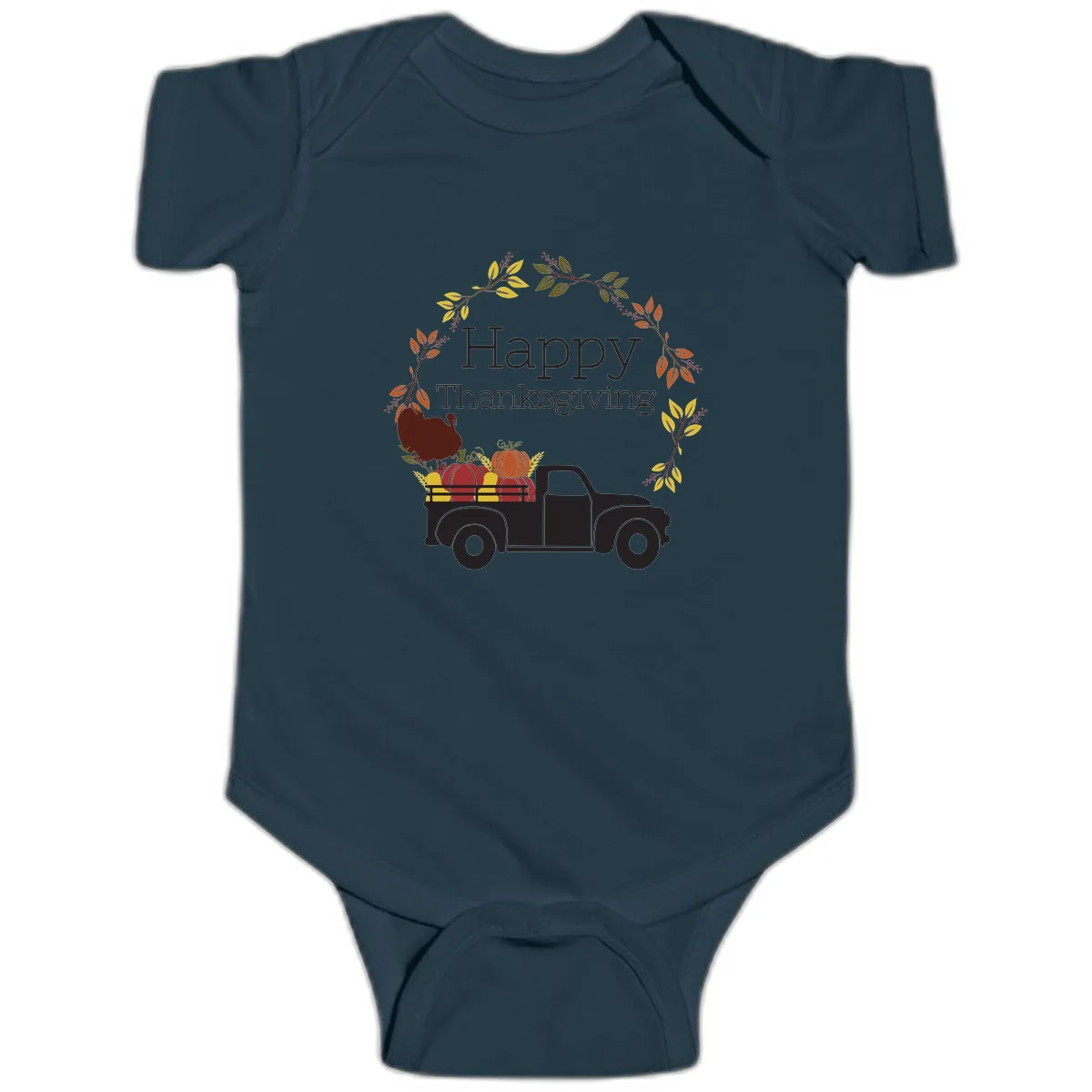 Happy Thanksgiving Vintage Truck Wreath Baby Onesie in Navy