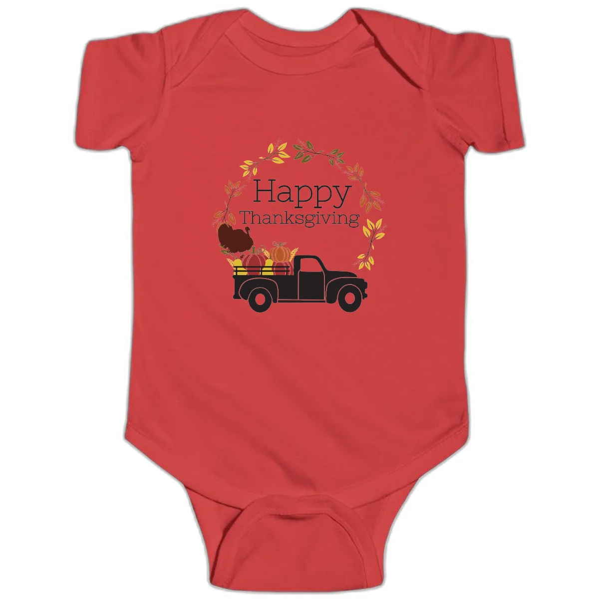 Happy Thanksgiving Vintage Truck Wreath Baby Onesie in Red