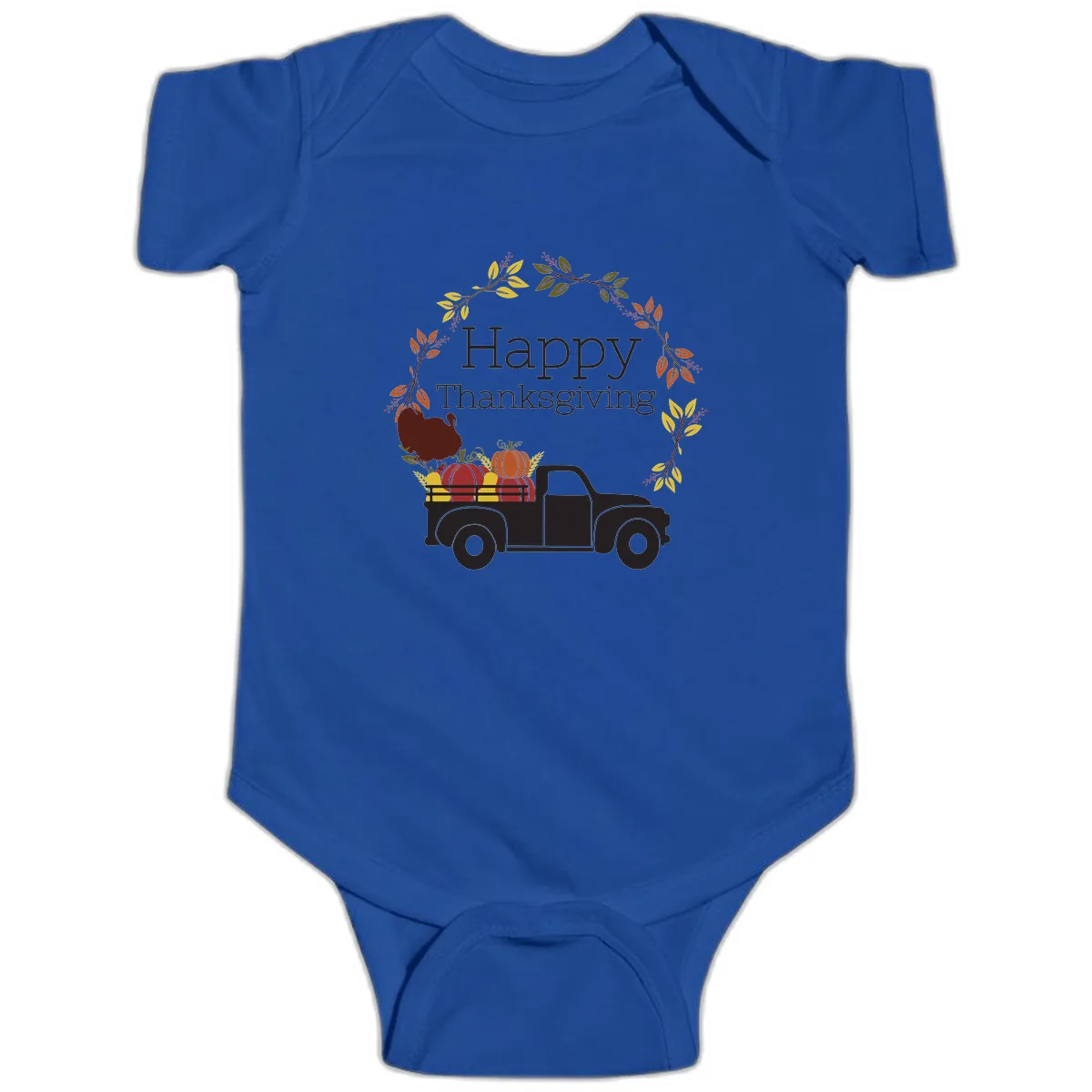 Happy Thanksgiving Vintage Truck Wreath Baby Onesie in Royal