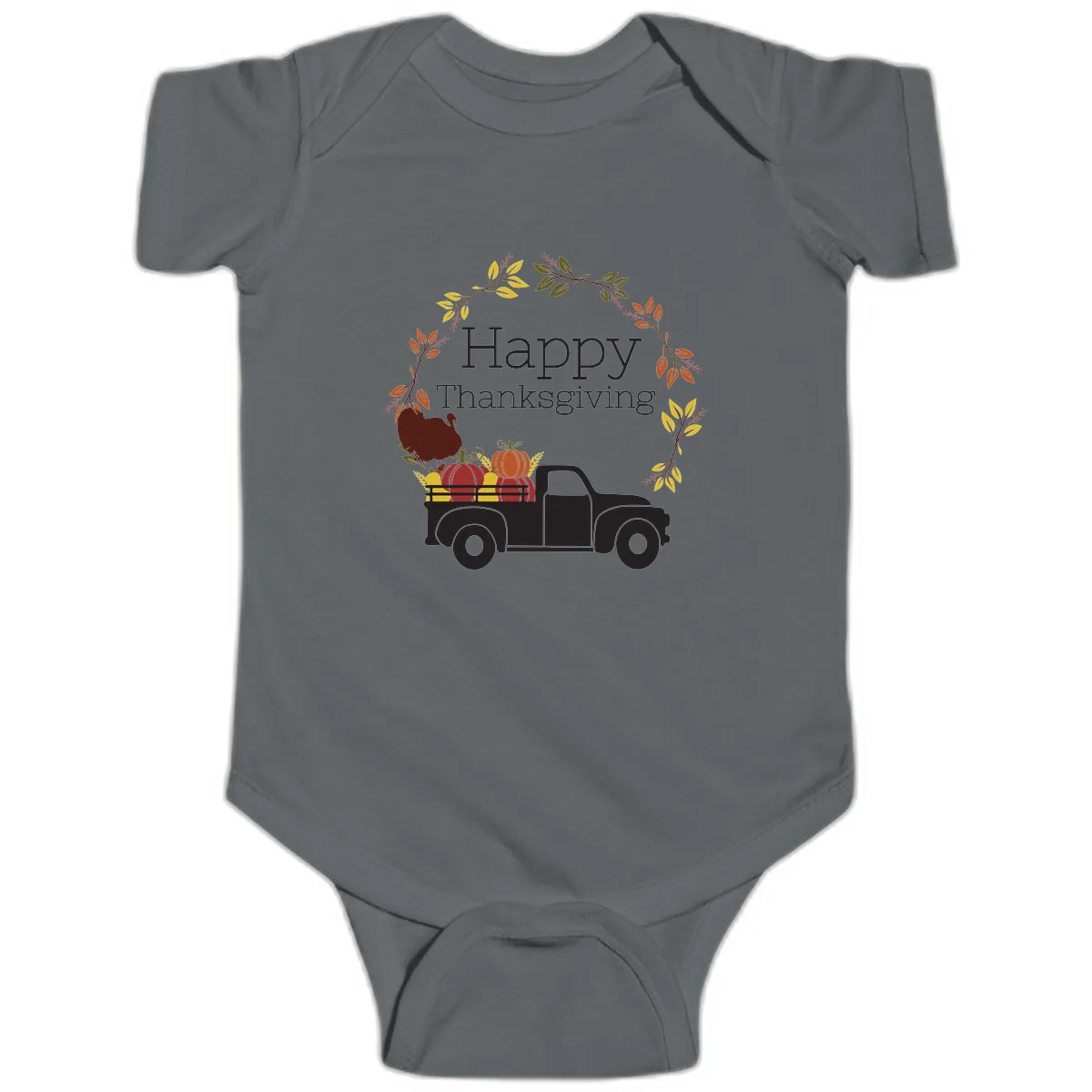 Happy Thanksgiving Vintage Truck Wreath Baby Onesie in Charcoal