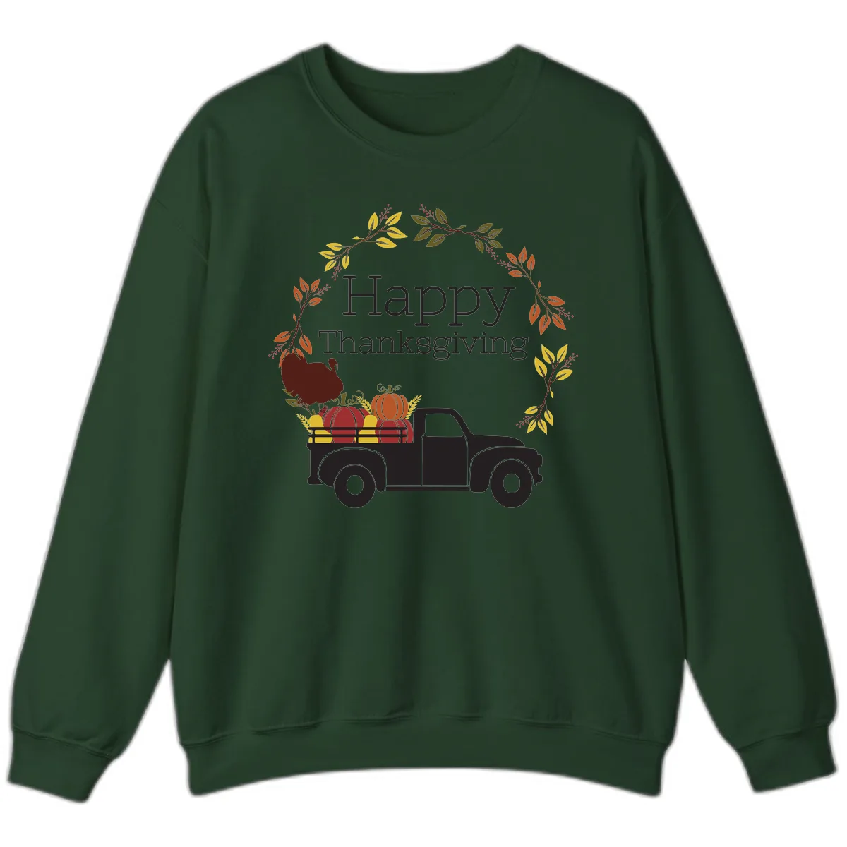 Happy Thanksgiving Vintage Truck Wreath Sweatshirt in Forest Green