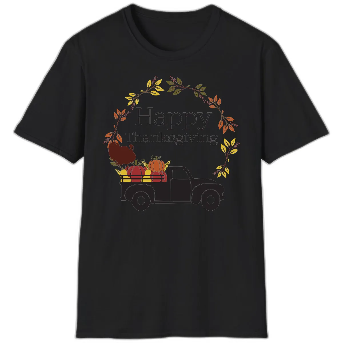 Happy Thanksgiving Vintage Truck Wreath T-Shirt in Black