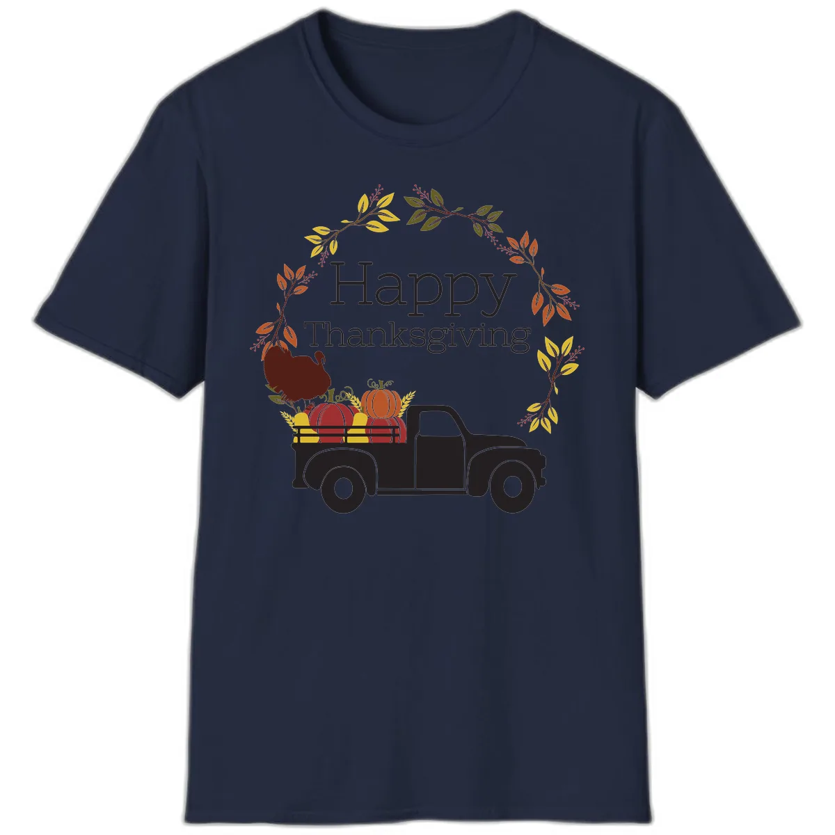 Happy Thanksgiving Vintage Truck Wreath T-Shirt in Navy