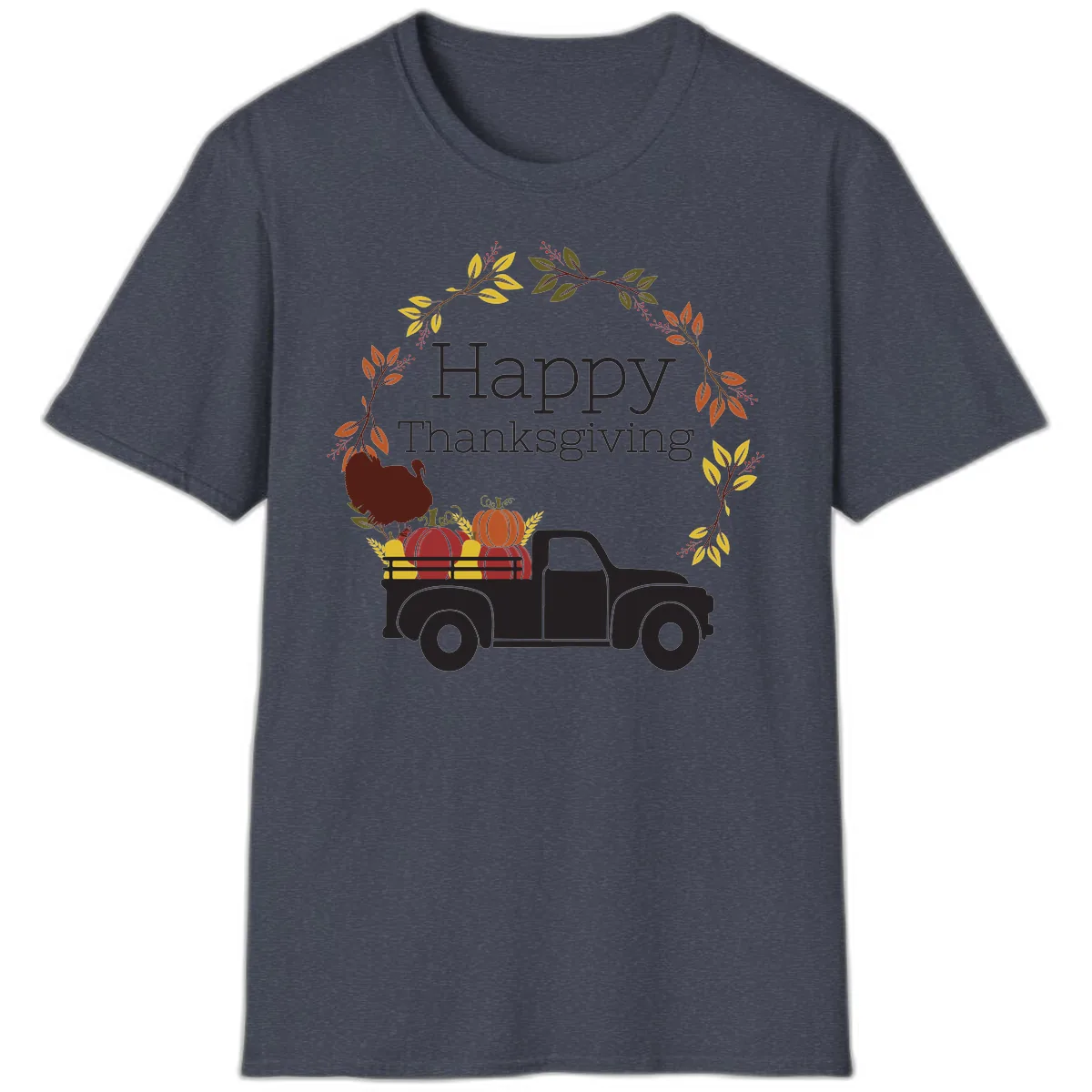 Happy Thanksgiving Vintage Truck Wreath T-Shirt in Heather Navy