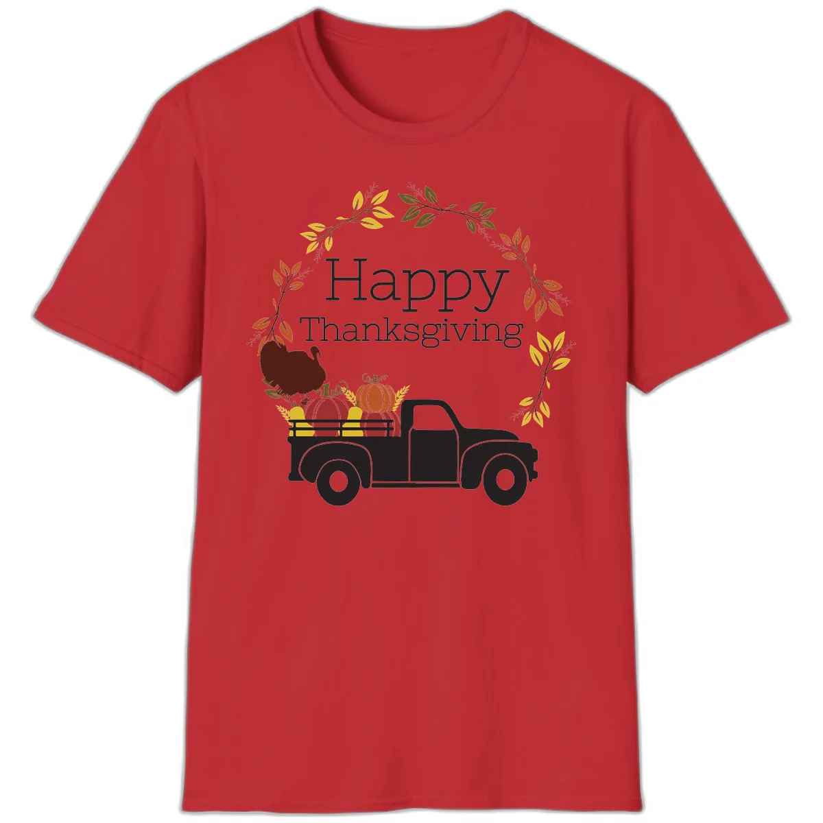 Happy Thanksgiving Vintage Truck Wreath T-Shirt in Red