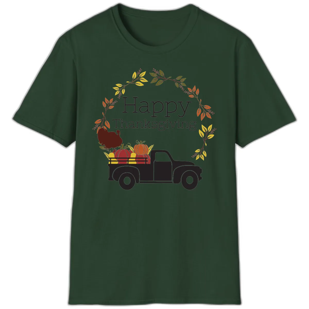 Happy Thanksgiving Vintage Truck Wreath T-Shirt in Forest Green