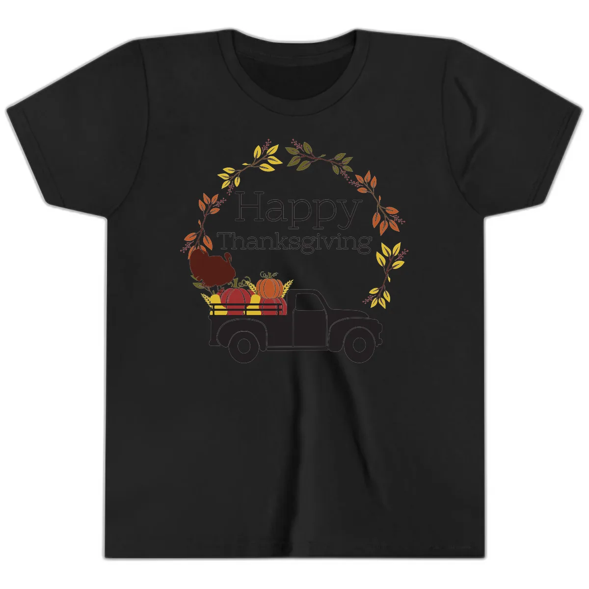Happy Thanksgiving Vintage Truck Wreath Youth T-Shirt in Black