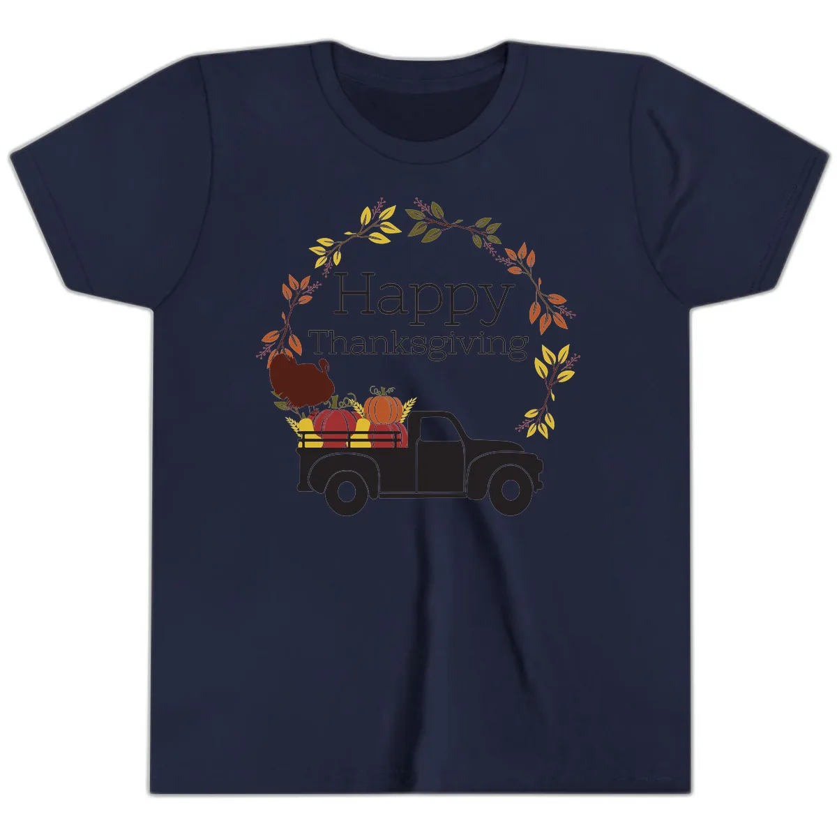 Happy Thanksgiving Vintage Truck Wreath Youth T-Shirt in Navy