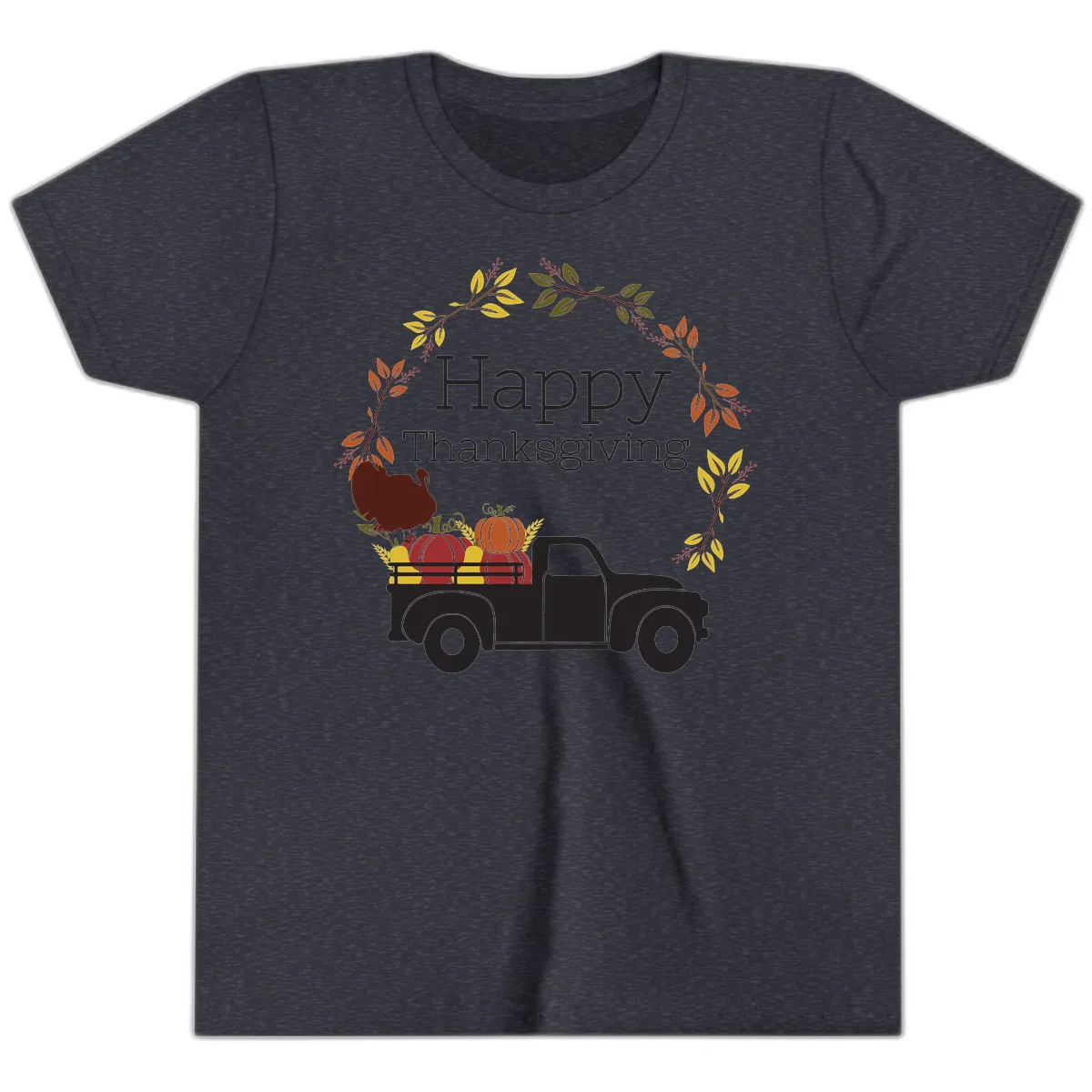 Happy Thanksgiving Vintage Truck Wreath Youth T-Shirt in Heather Navy
