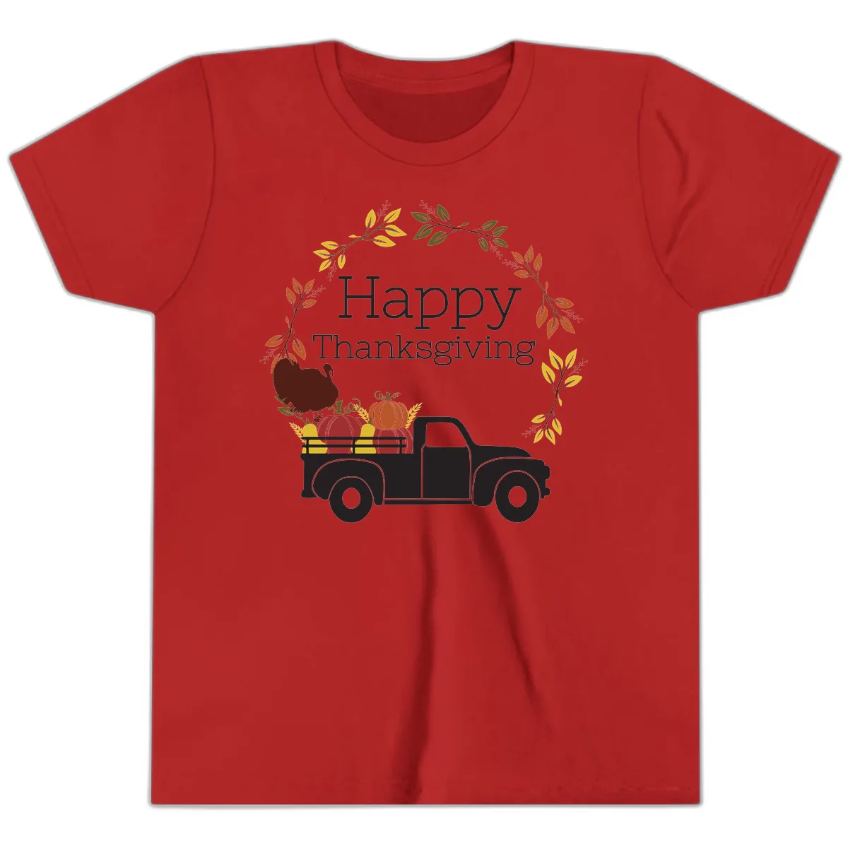 Happy Thanksgiving Vintage Truck Wreath Youth T-Shirt in Red