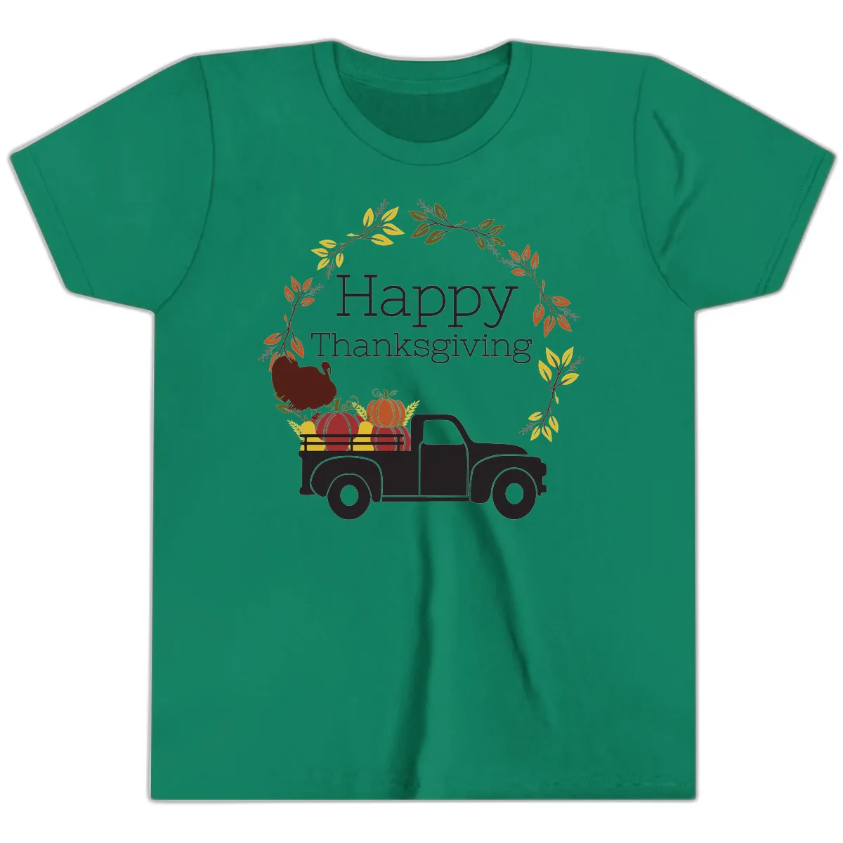 Happy Thanksgiving Vintage Truck Wreath Youth T-Shirt in Kelly