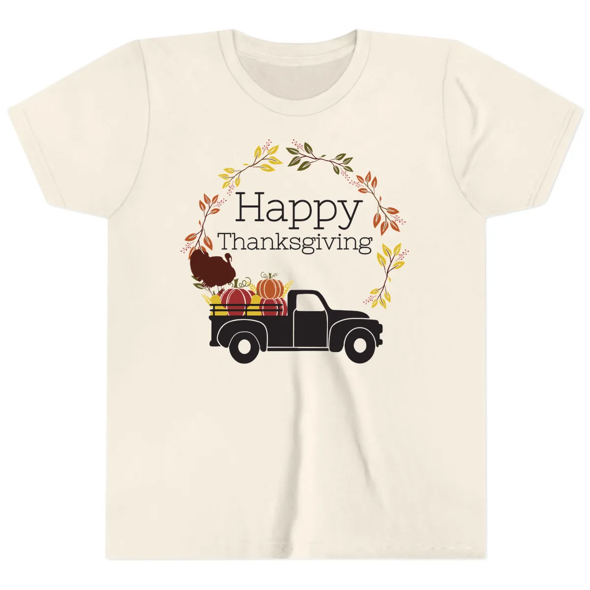 Happy Thanksgiving Vintage Truck Wreath Youth T-Shirt in Natural