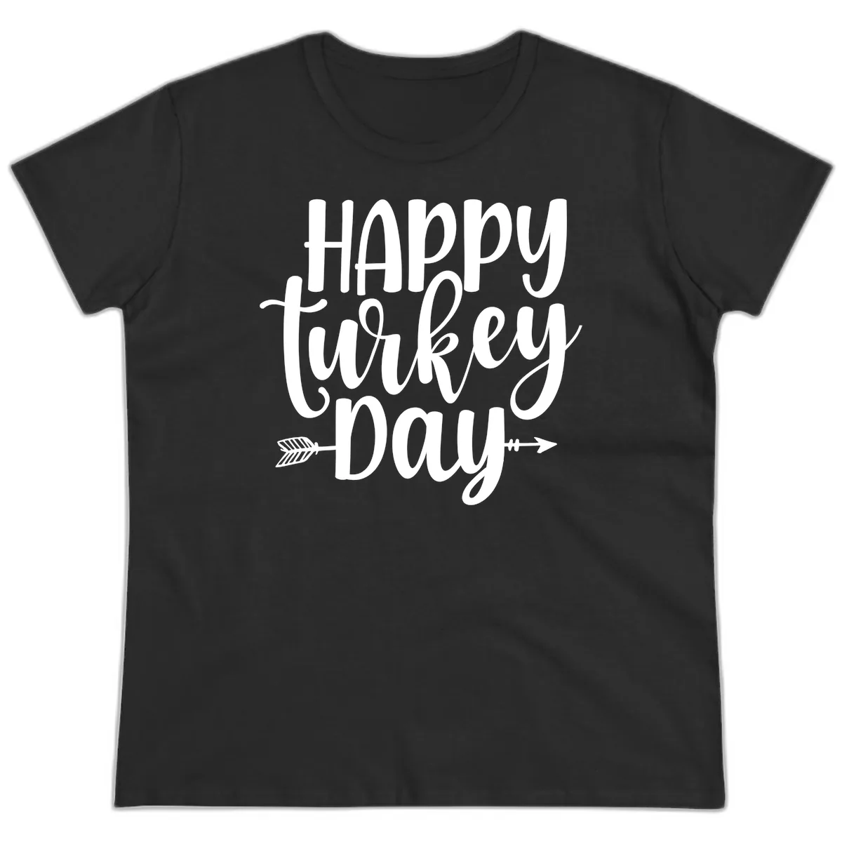Happy Turkey Day Script Lettering Ladies Tee in Black