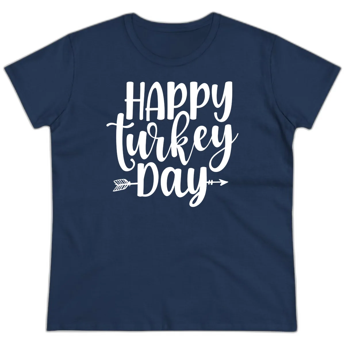 Happy Turkey Day Script Lettering Ladies Tee in Navy