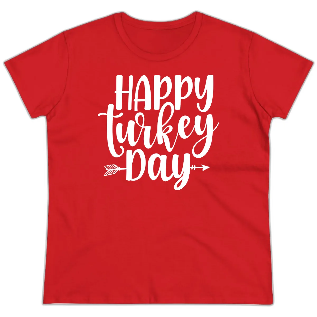 Happy Turkey Day Script Lettering Ladies Tee in Red