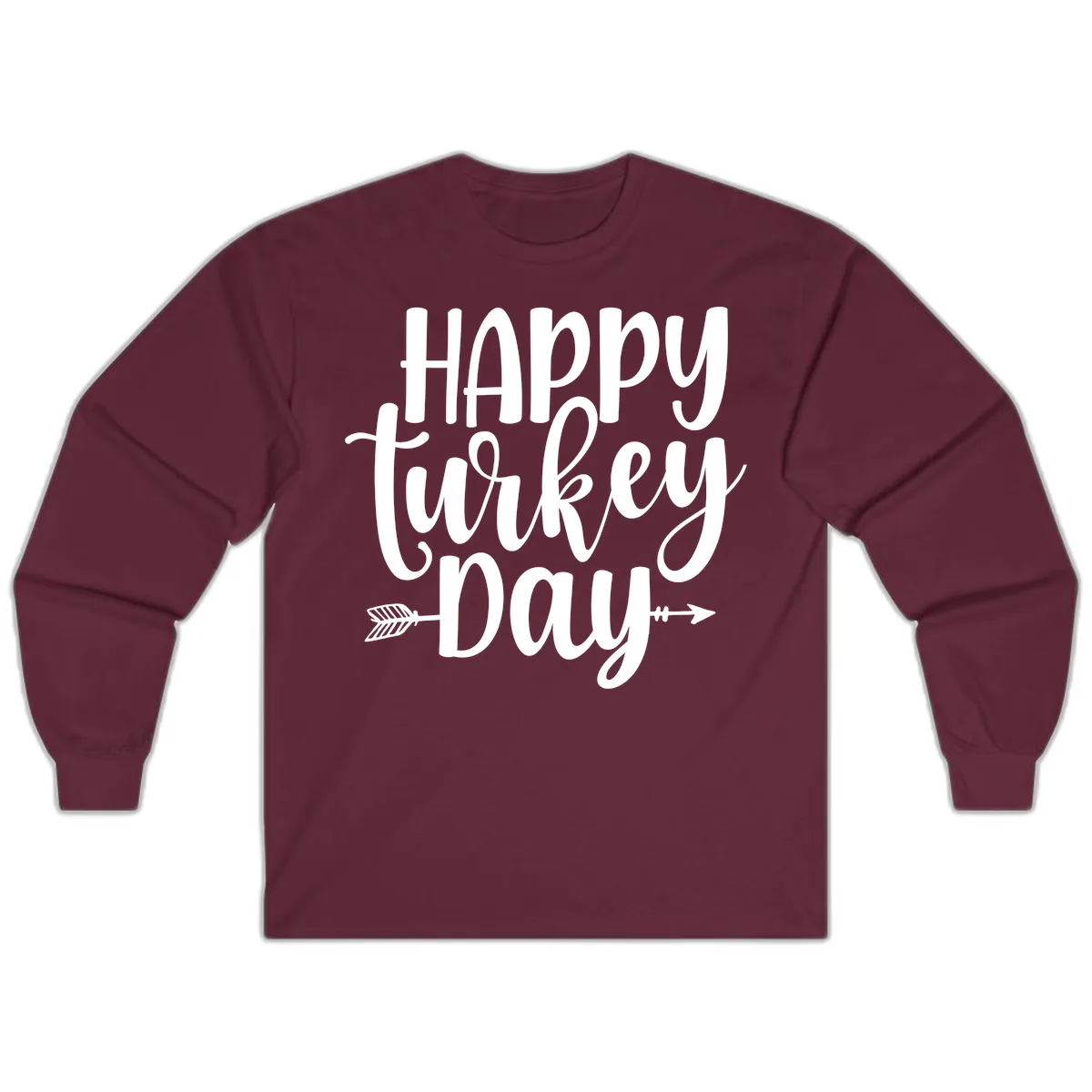Happy Turkey Day Script Lettering Long Sleeve in Maroon