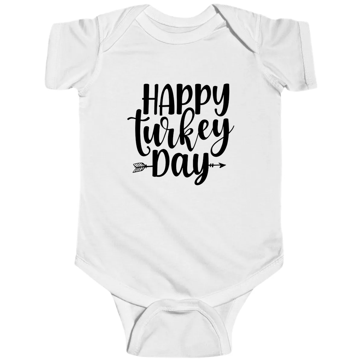 Happy Turkey Day Script Lettering Baby Onesie in White