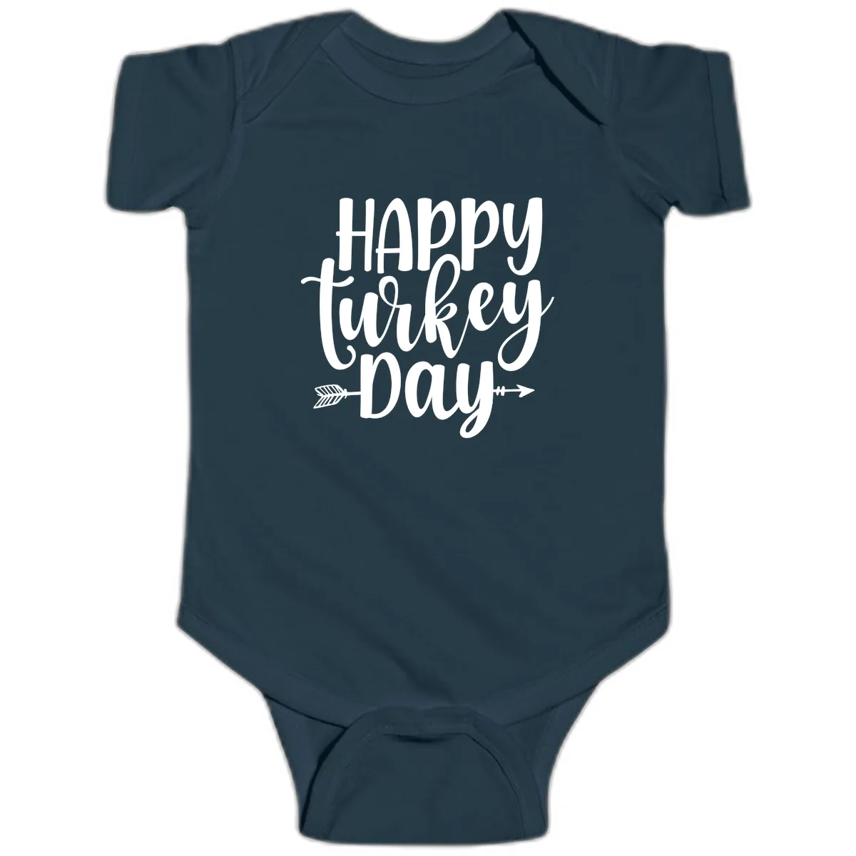 Happy Turkey Day Script Lettering Baby Onesie in Navy