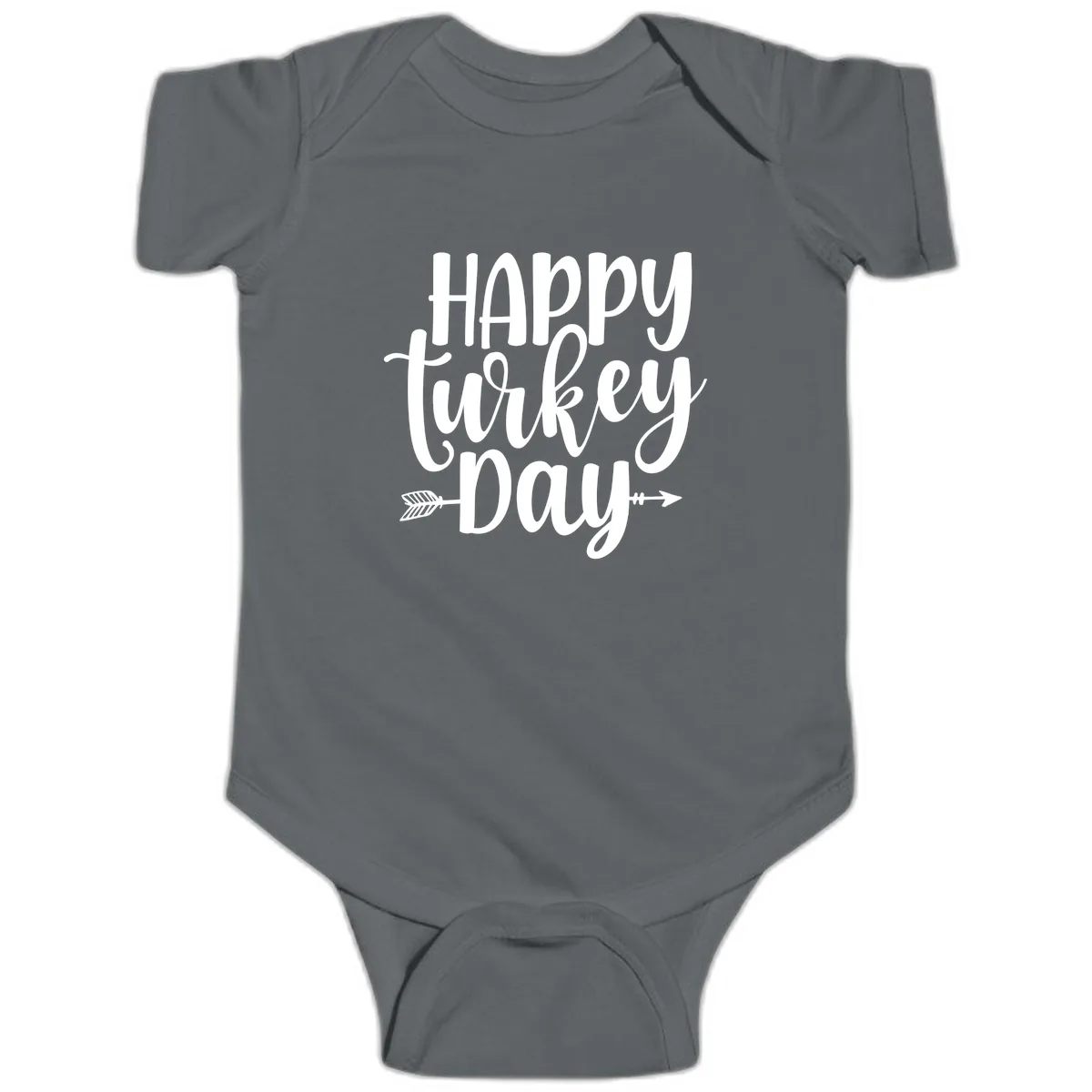 Happy Turkey Day Script Lettering Baby Onesie in Charcoal