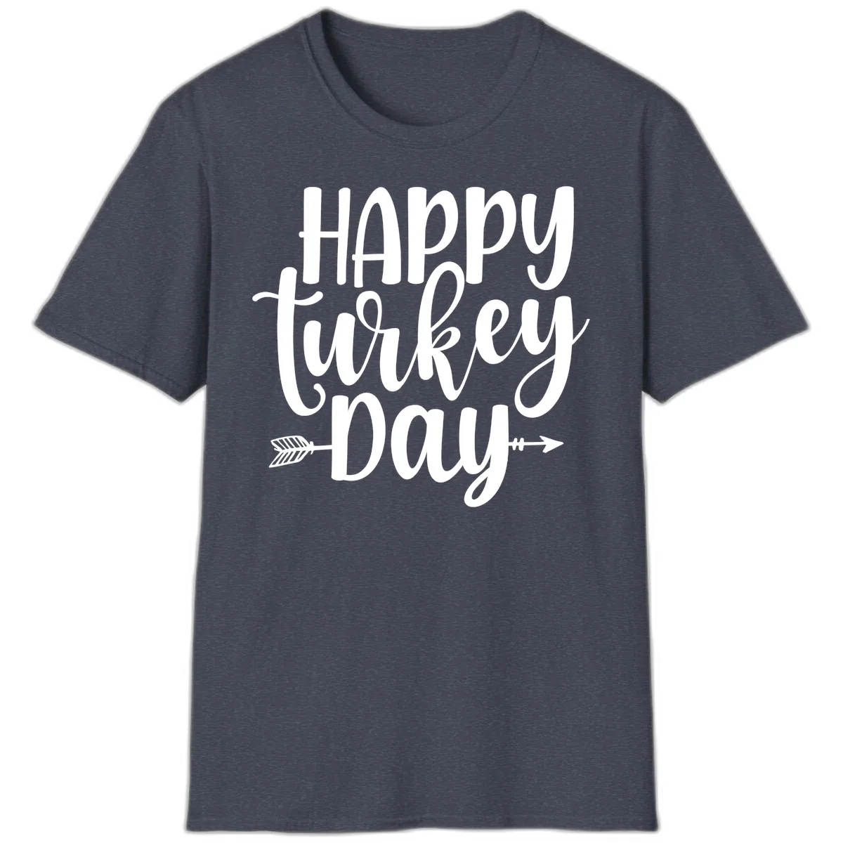 Happy Turkey Day Script Lettering T-Shirt in Heather Navy
