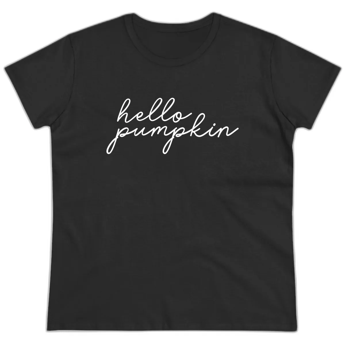 Hello Pumpkin Script Design Ladies Tee in Black