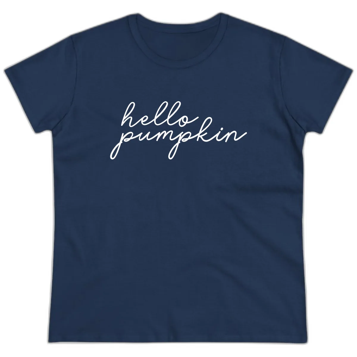 Hello Pumpkin Script Design Ladies Tee in Navy