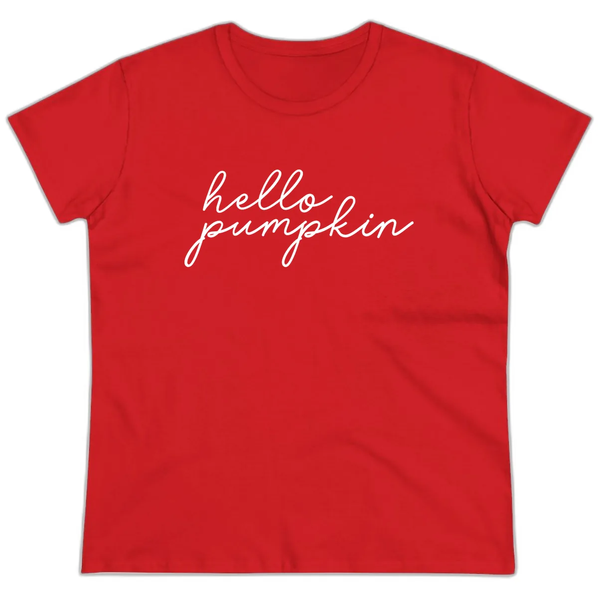 Hello Pumpkin Script Design Ladies Tee in Red