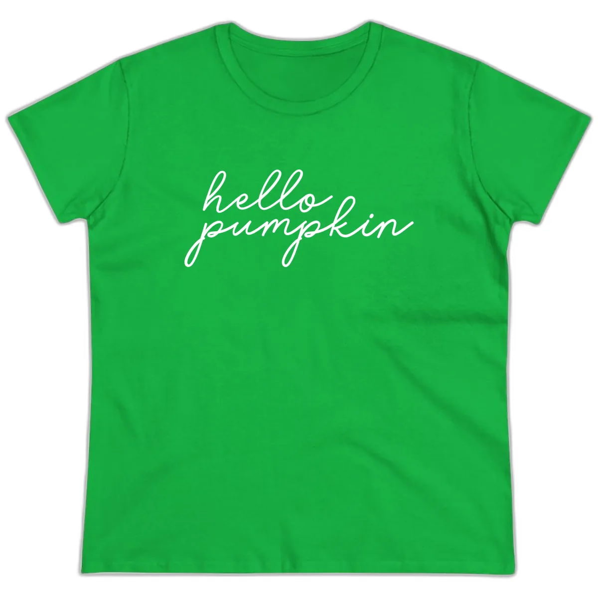 Hello Pumpkin Script Design Ladies Tee in Irish Green