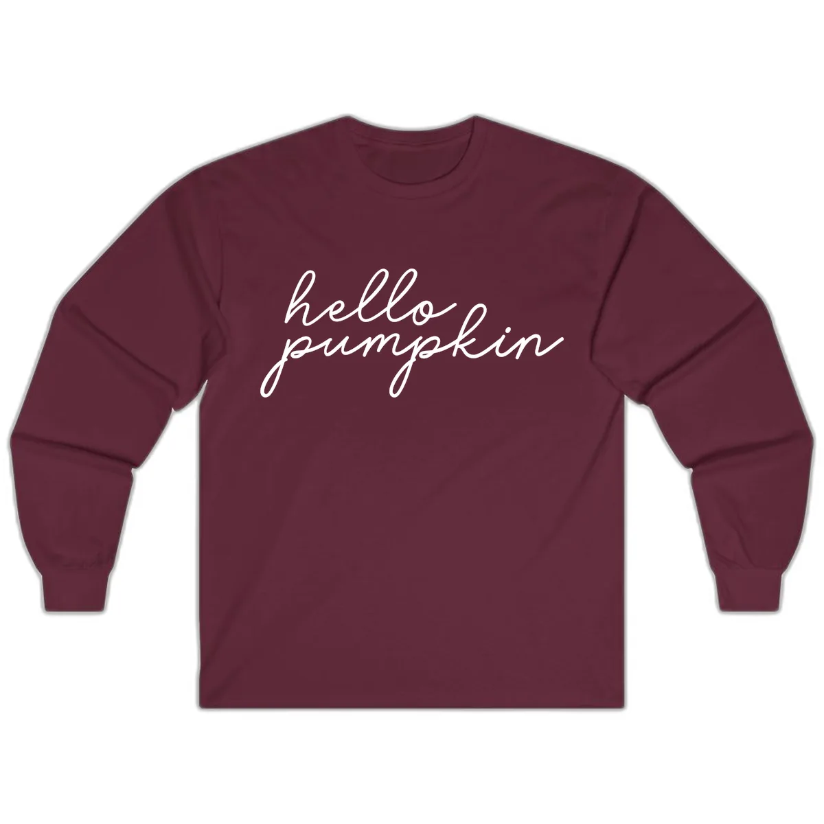 Hello Pumpkin Script Design Long Sleeve in Maroon