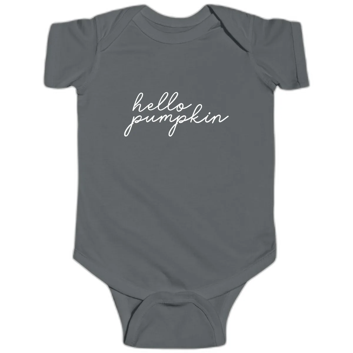 Hello Pumpkin Script Design Baby Onesie in Charcoal