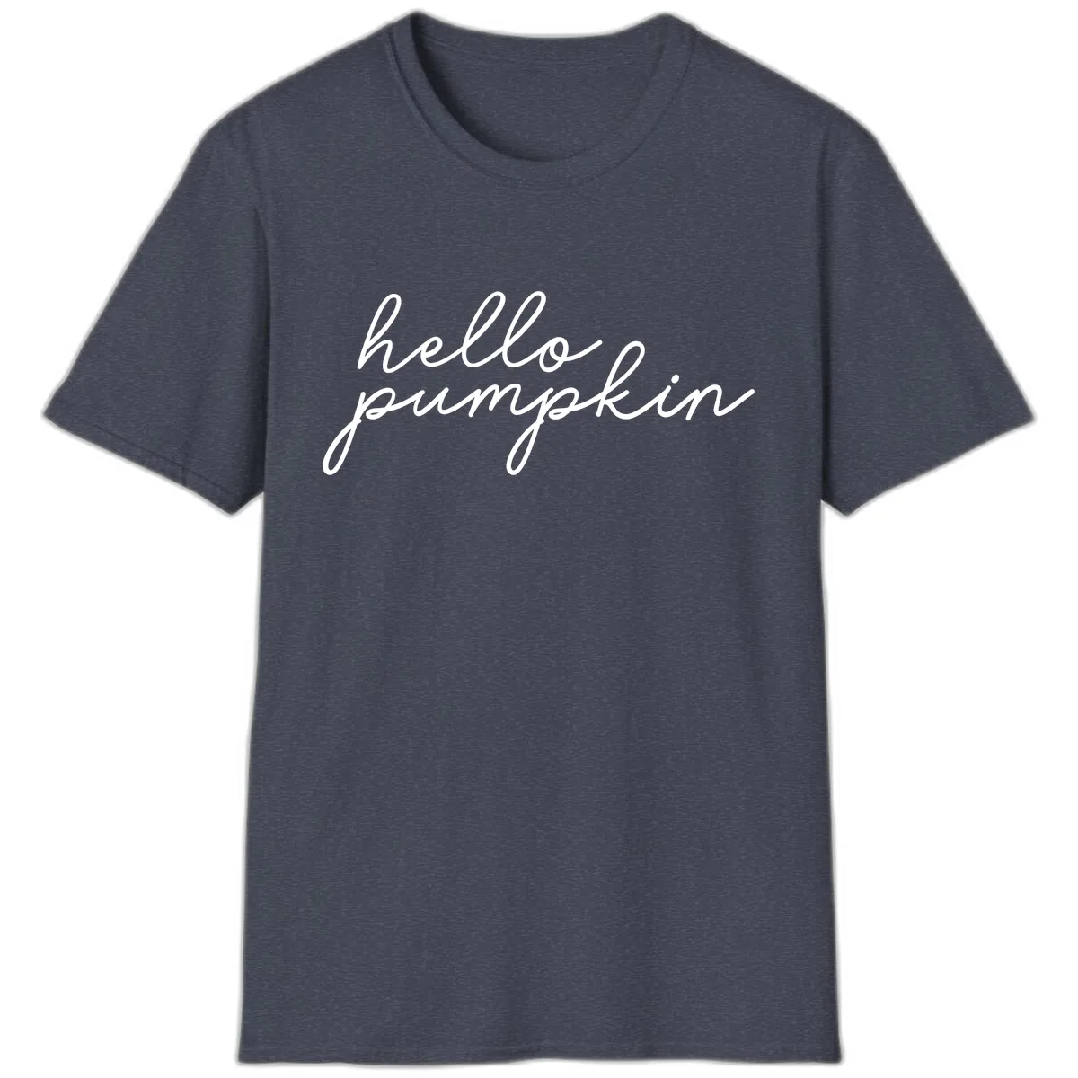 Hello Pumpkin Script Design T-Shirt in Heather Navy