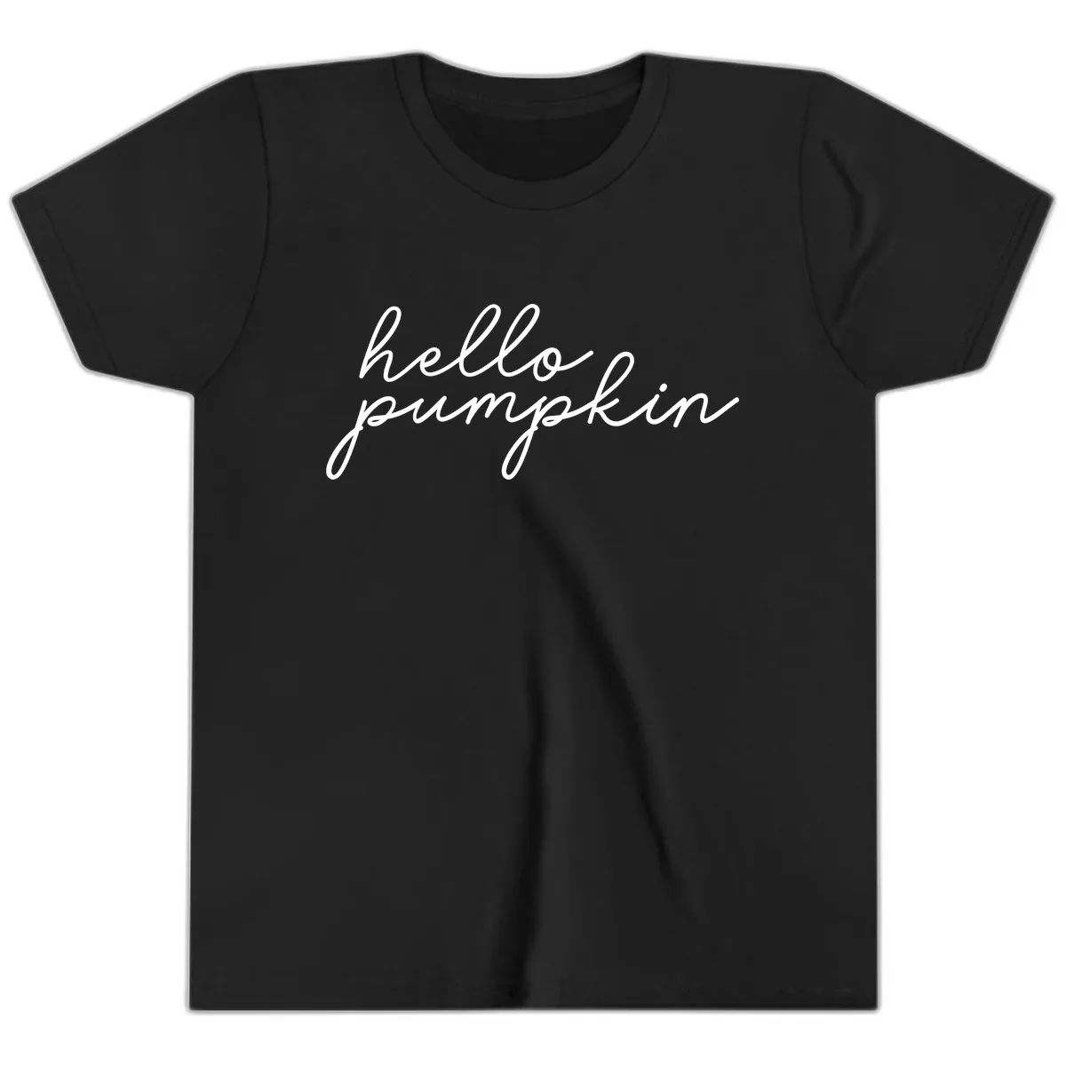 Hello Pumpkin Script Design Youth T-Shirt in Black