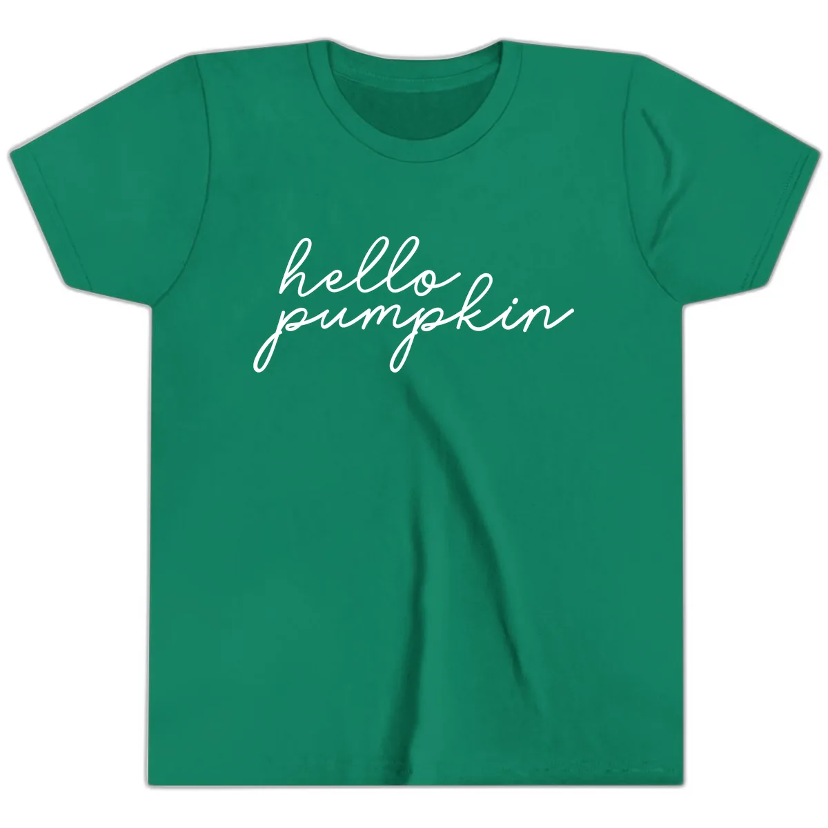 Hello Pumpkin Script Design Youth T-Shirt in Kelly