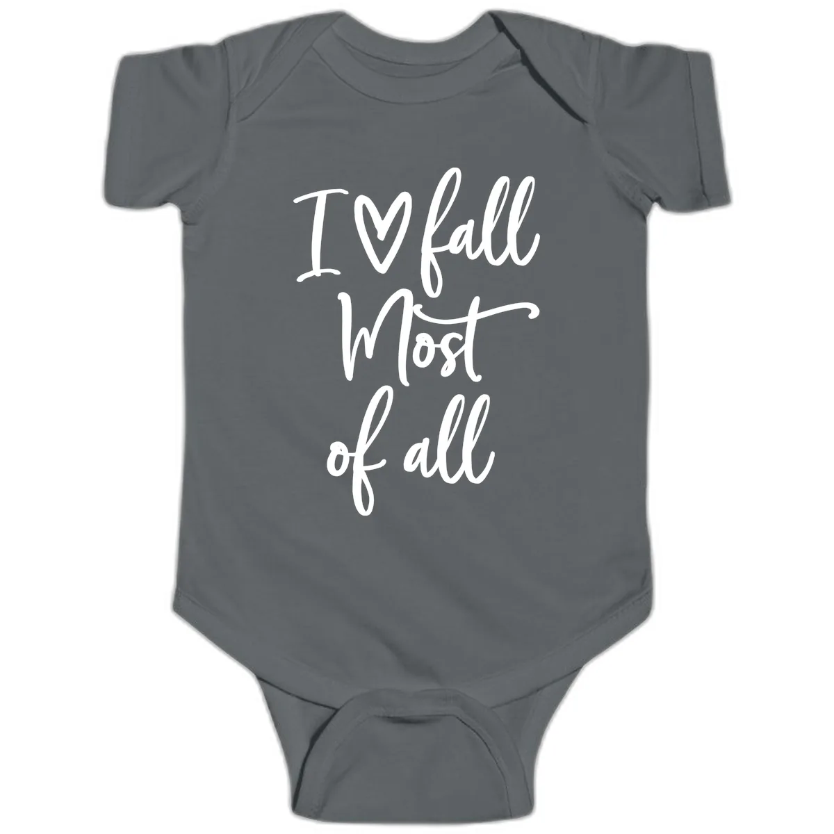I Fall Most Of All Script Design Baby Onesie in Charcoal