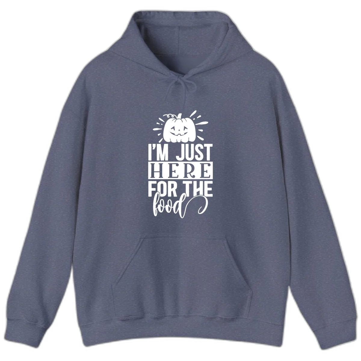 I'm Just Here For The Food Halloween Pumpkin Hoodie in Heather Navy