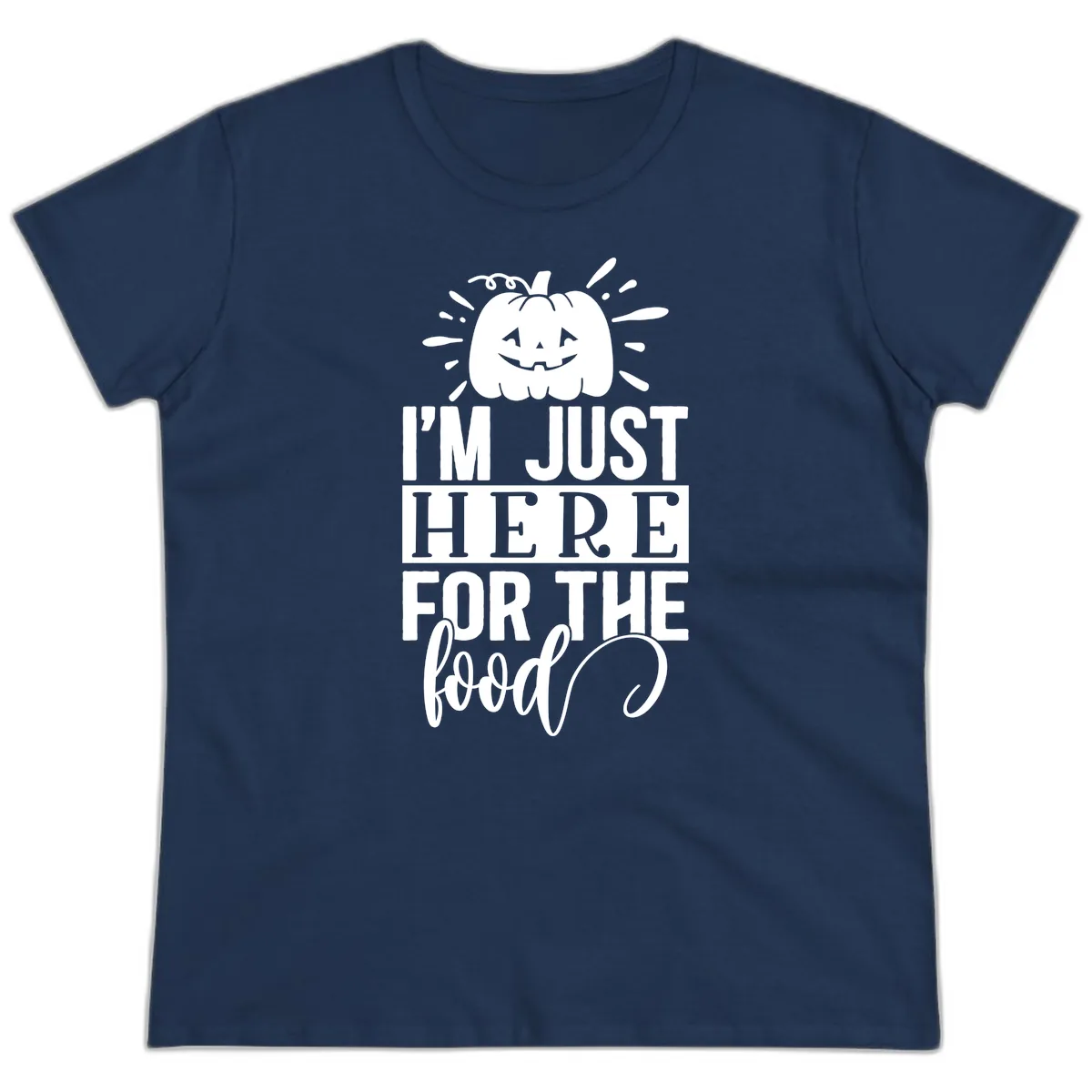 I'm Just Here For The Food Halloween Pumpkin Ladies Tee in Navy