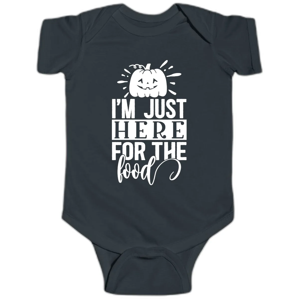 I'm Just Here For The Food Halloween Pumpkin Baby Onesie in Black