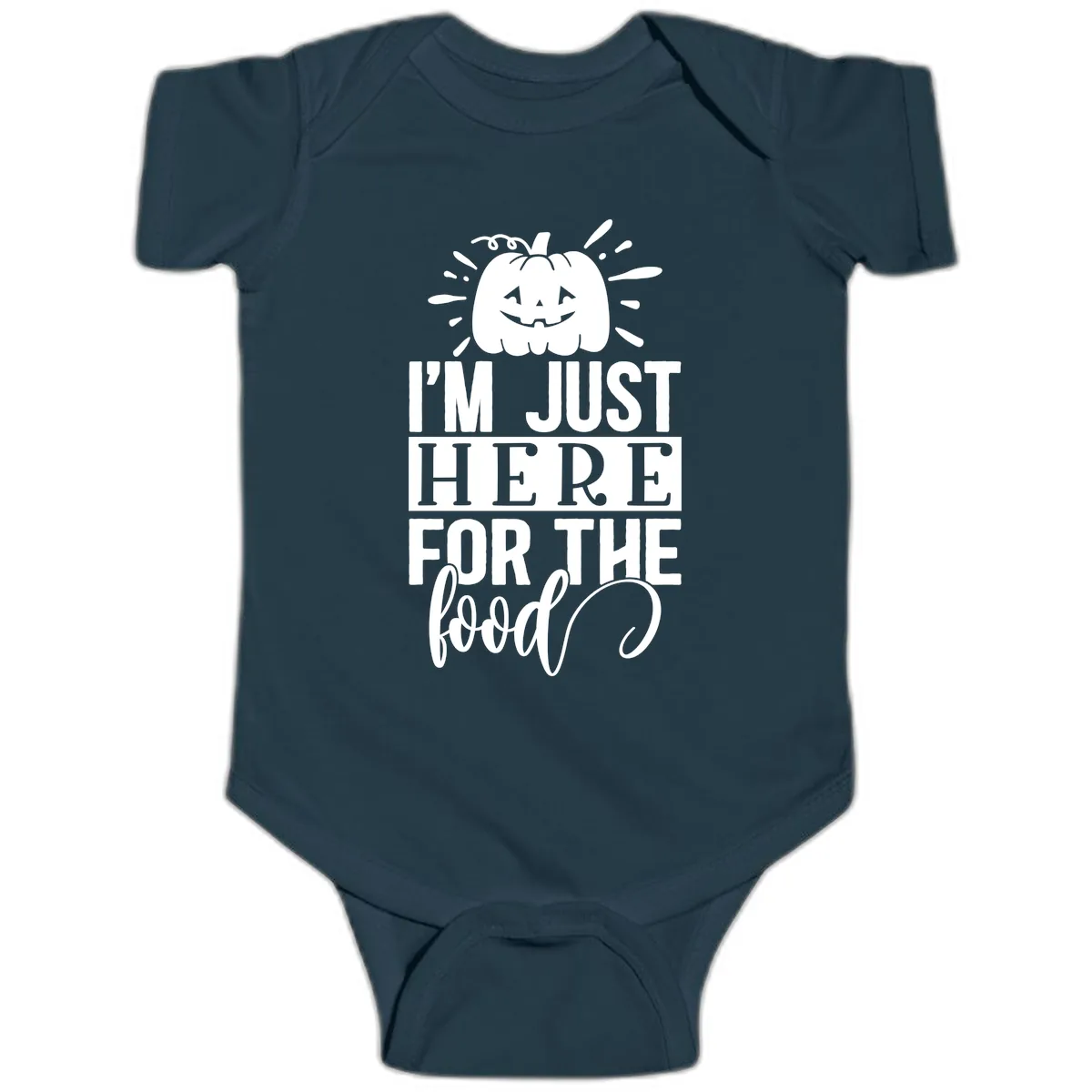 I'm Just Here For The Food Halloween Pumpkin Baby Onesie in Navy