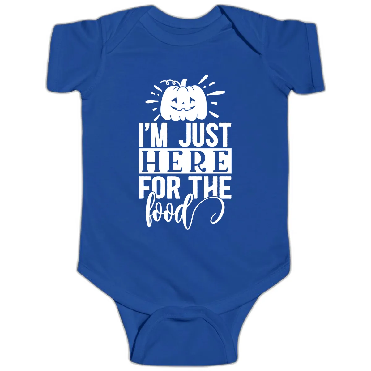 I'm Just Here For The Food Halloween Pumpkin Baby Onesie in Royal
