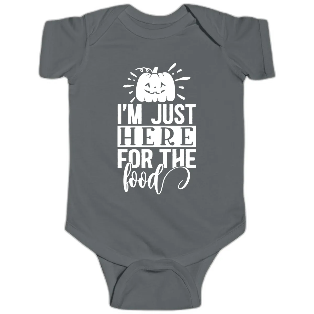 I'm Just Here For The Food Halloween Pumpkin Baby Onesie in Charcoal