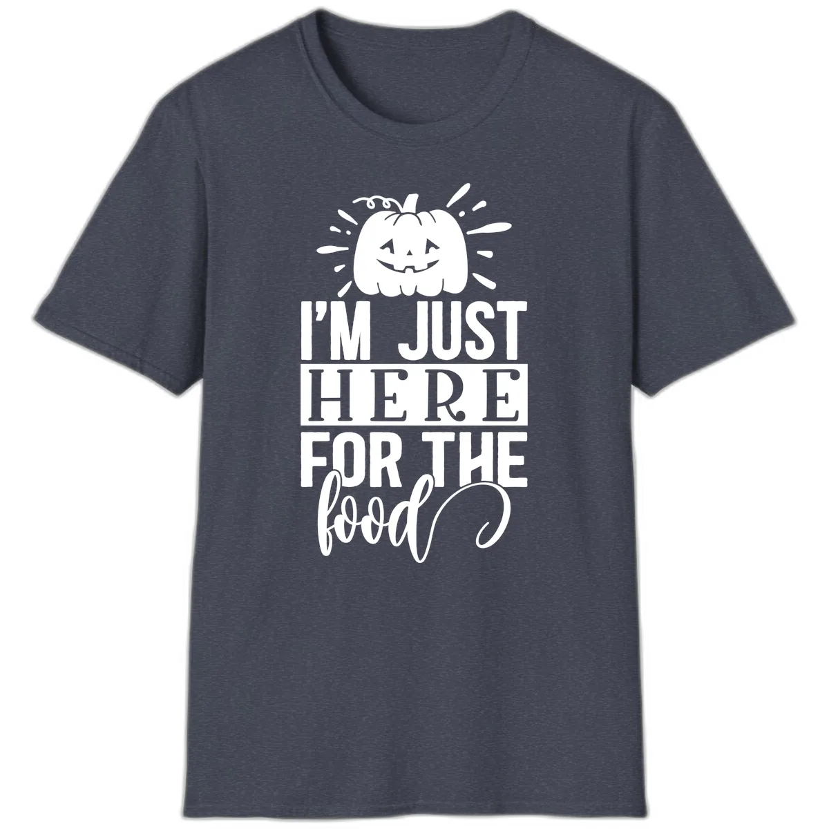 I'm Just Here For The Food Halloween Pumpkin T-Shirt in Heather Navy