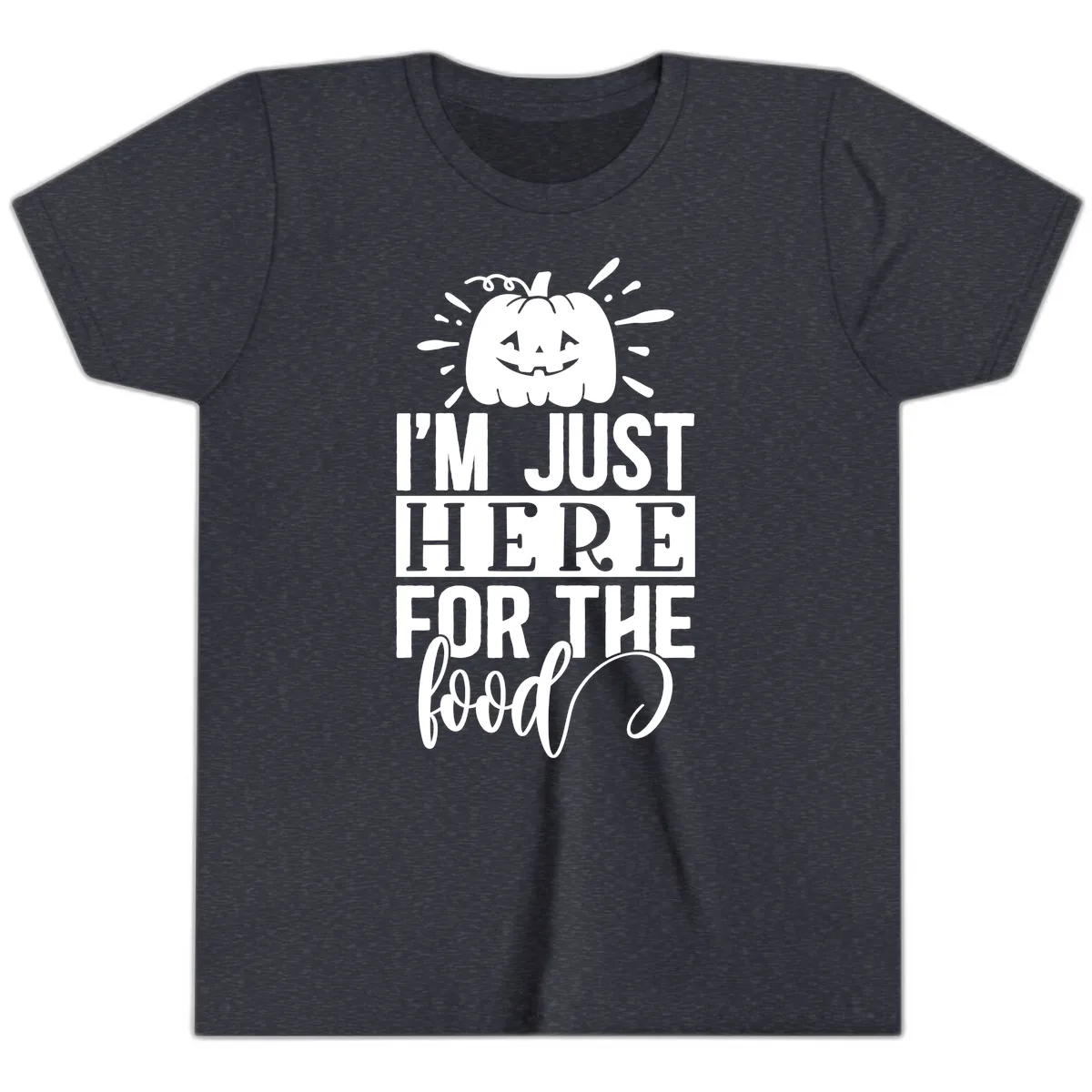 I'm Just Here For The Food Halloween Pumpkin Youth T-Shirt in Heather Navy