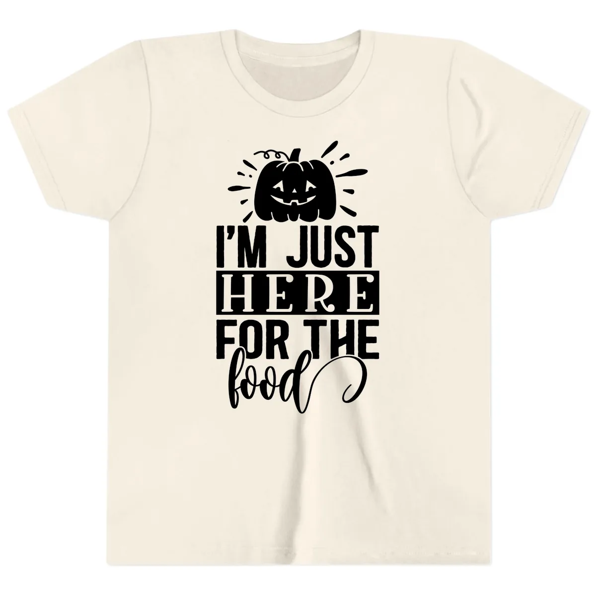 I'm Just Here For The Food Halloween Pumpkin Youth T-Shirt in Natural