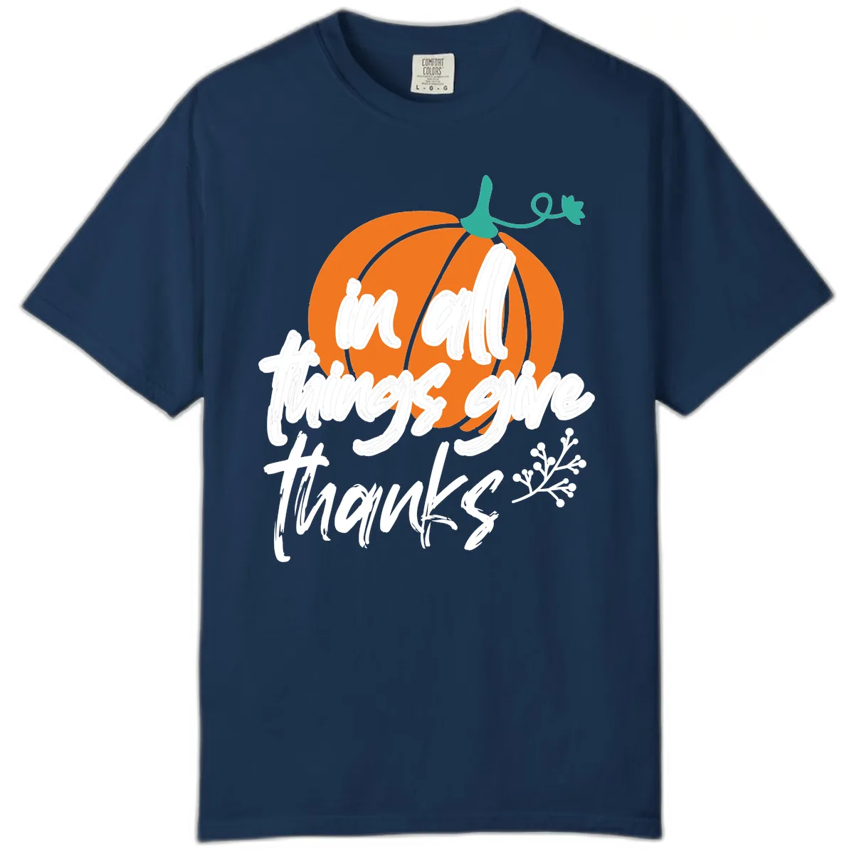 In All Things Give Thanks Pumpkin Comfort Color in Navy
