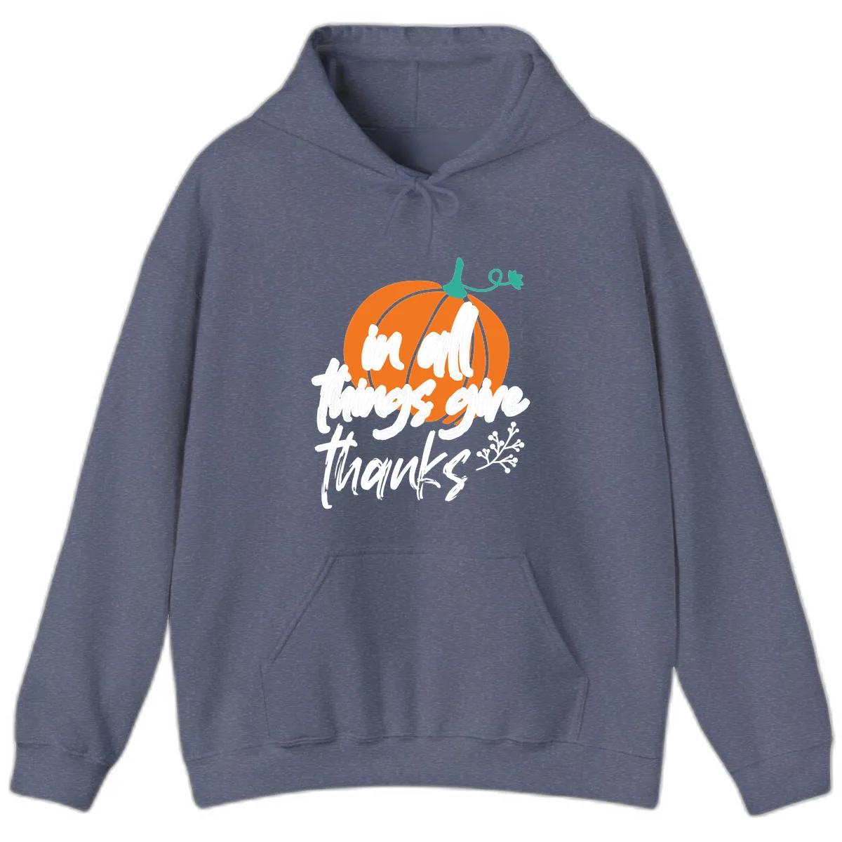 In All Things Give Thanks Pumpkin Hoodie in Heather Navy