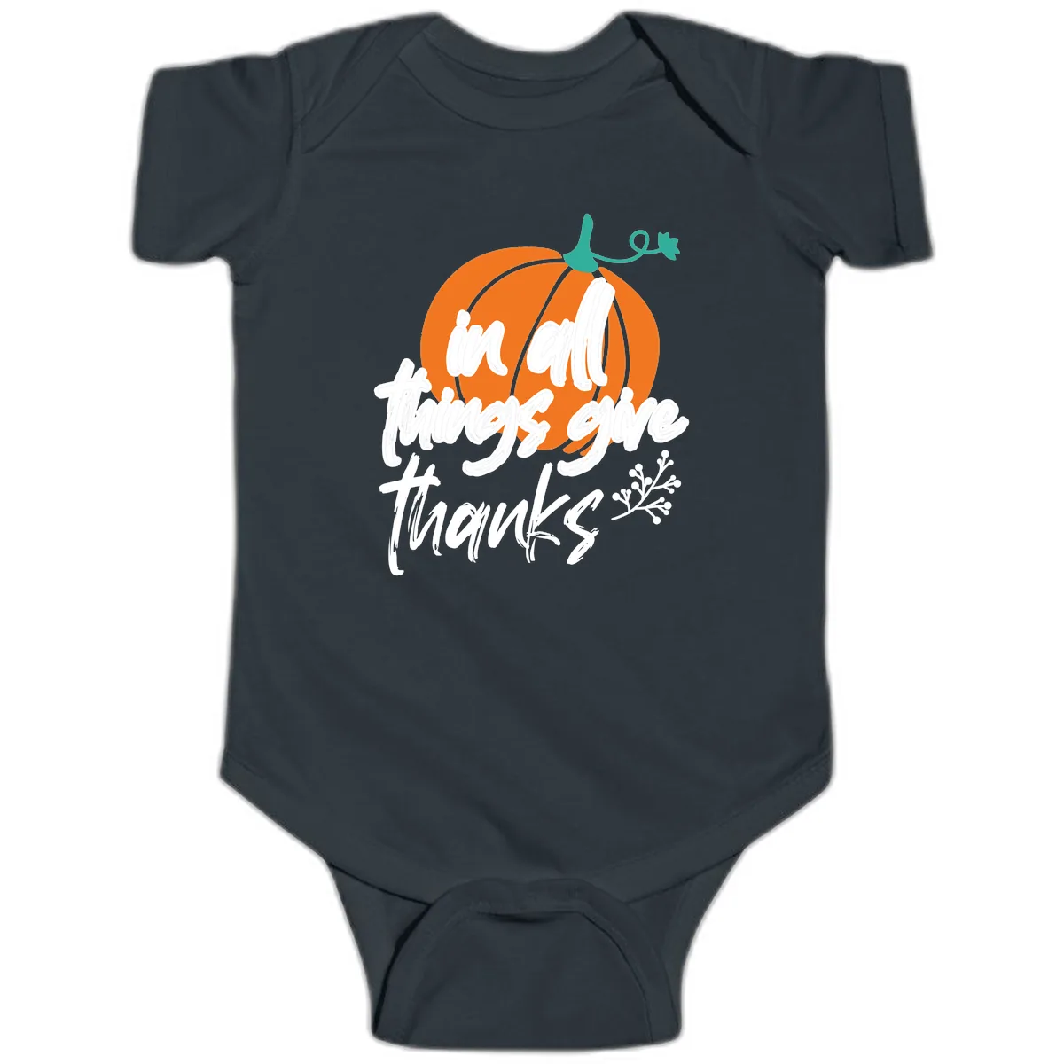 In All Things Give Thanks Pumpkin Baby Onesie in Black