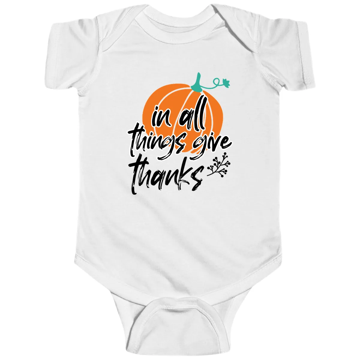 In All Things Give Thanks Pumpkin Baby Onesie in White