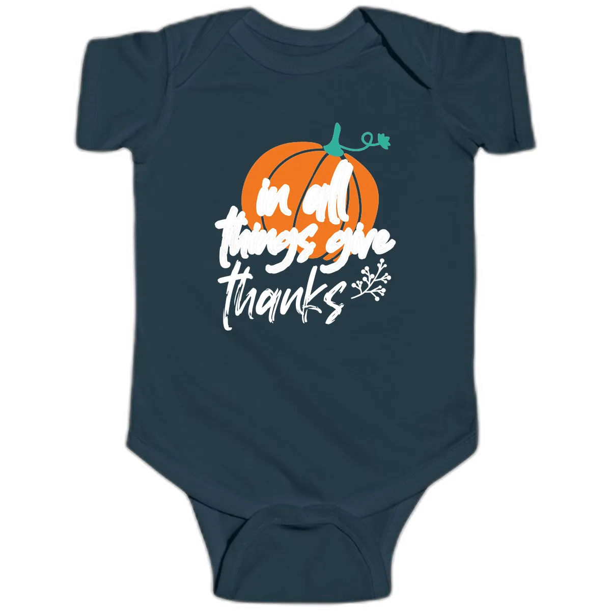 In All Things Give Thanks Pumpkin Baby Onesie in Navy